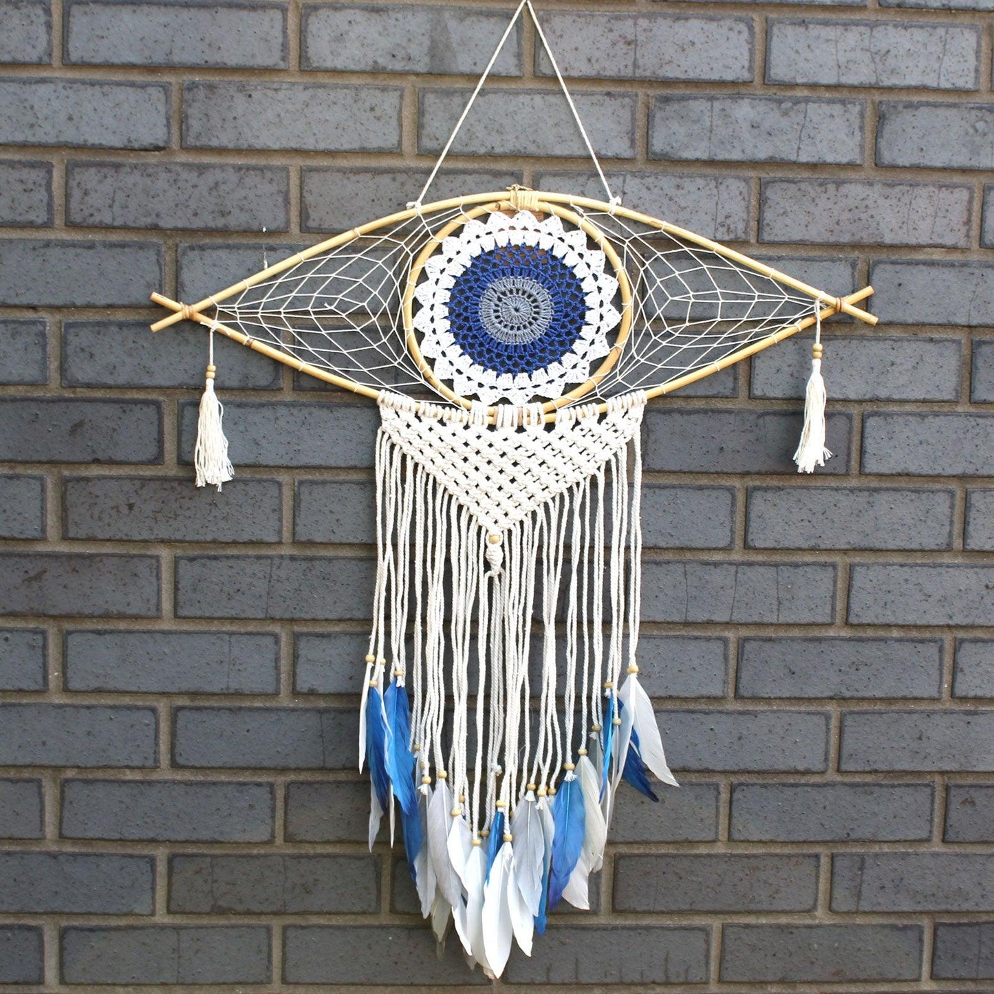 Protection Dream Catcher - Lrg Macrame Evil Eye White/ Blue/Grey