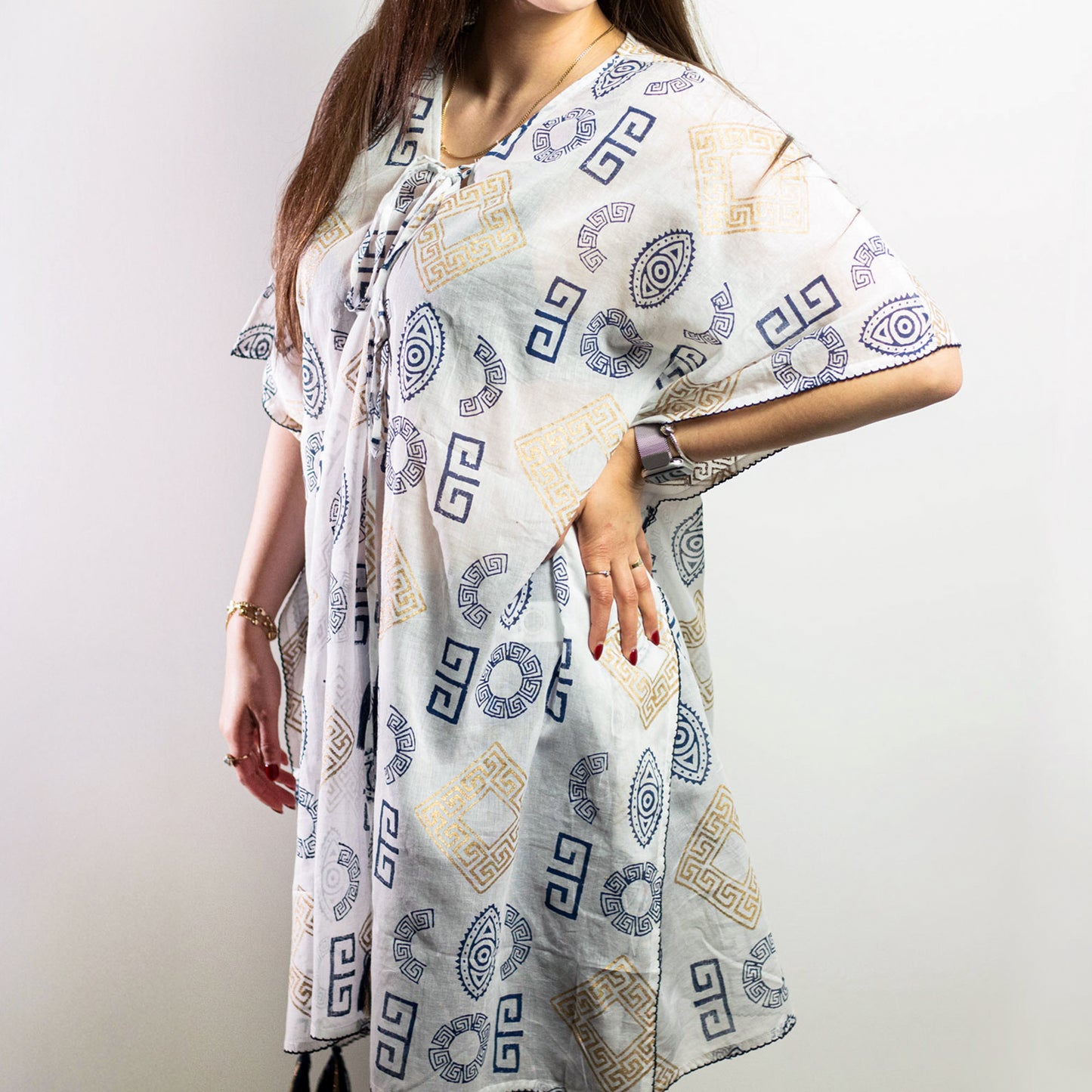 Nomad Sari On the Med Collection - Kaftan - Gold & Blue Greek Motiff - Handpainted