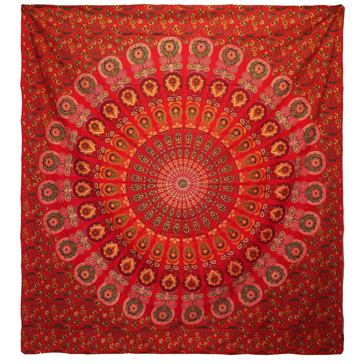 Double Cotton Bedspread + Wall Hanging - Peacock Mandala - Red