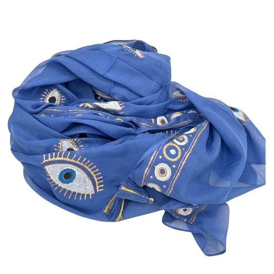 Nomad Sari On the Med Collection - Pareo - Rich Blue & Gold Hand Painted Evil Eye Design