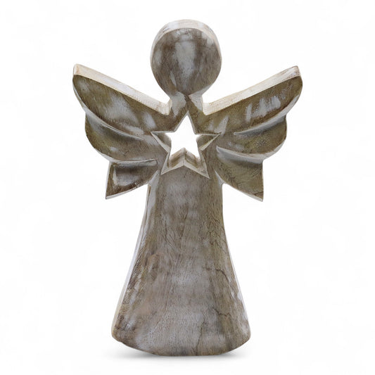 Mango Wood Angel - Whitewash with Star Cut Out