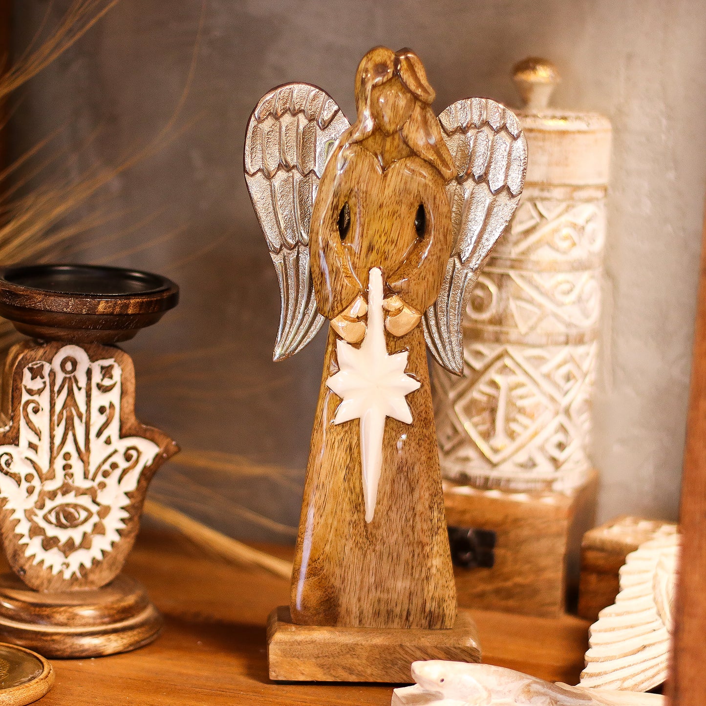 Large Mango Wood Star Angel Metal Wings & Enamel Detail